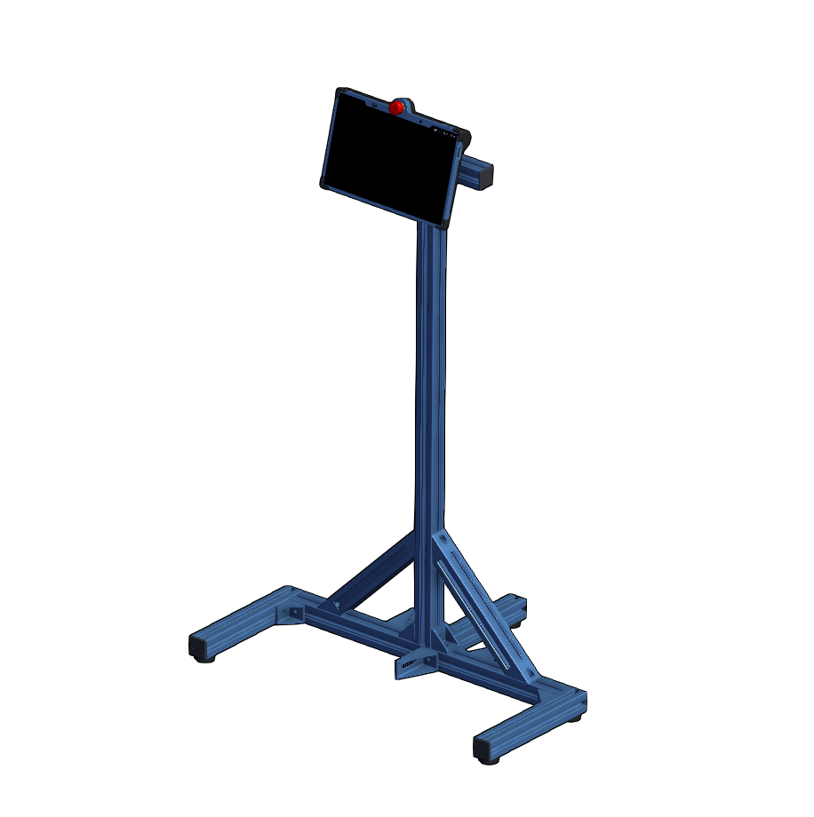 HMI pedestal — freestanding extruded-aluminum stand with angled HMI mount, E-stop, and tripod base