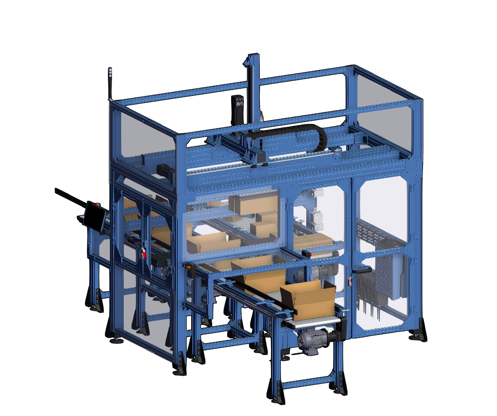 PAK-200 Case Packing Module — Cartesian X-Y-Z gantry over a fenced cell with case infeed conveyor and product handling