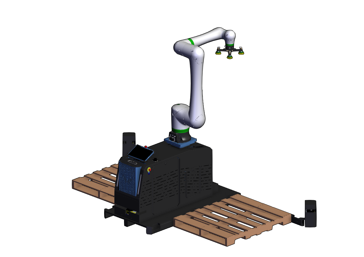 PAL-100 Cobot Palletizer — FANUC CRX-30iA on mobile base with dual pallet positions and vacuum end-of-arm tooling