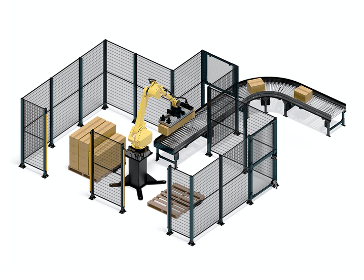 PAL-200 High-Rate Robotic Palletizer — fenced FANUC M-410iC/185 cell with infeed conveyor and pallet build positions