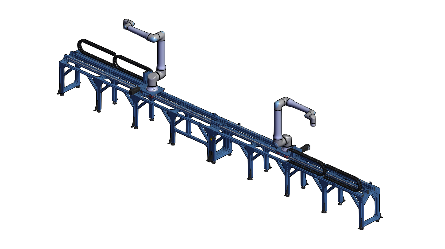 VIS-100 Inline Inspection Cell — rail-mounted cobots carrying vision cameras on a 7th-axis traversing track over the line