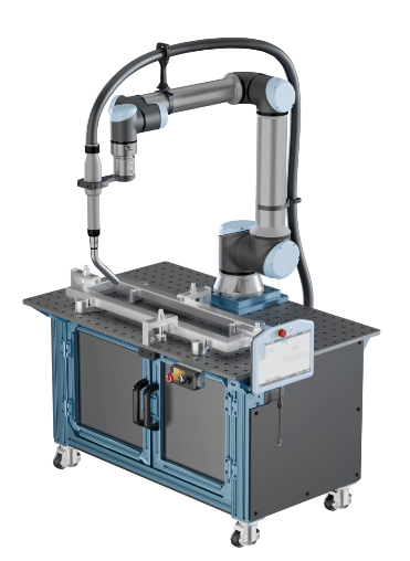 WLD-200 Cobot Welding Cart — UR cobot arm on a mobile fixture-table cart with MIG torch, fixturing rail, and E-stop panel